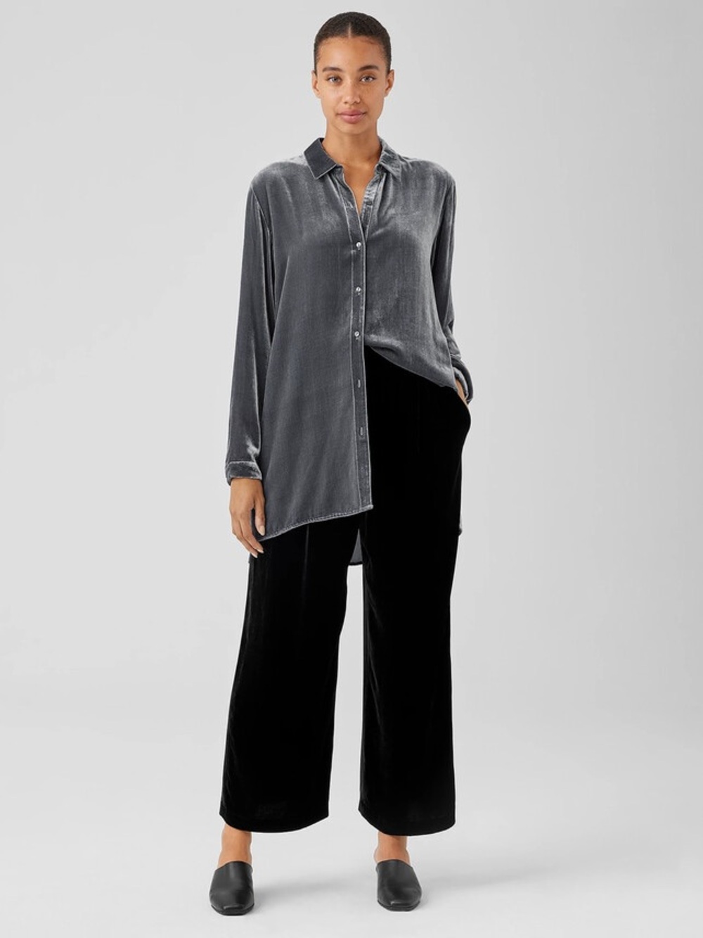 Eileen Fisher Black Velvet Silk Blend Wide Leg Ankle Pants $288 Medium P Chic